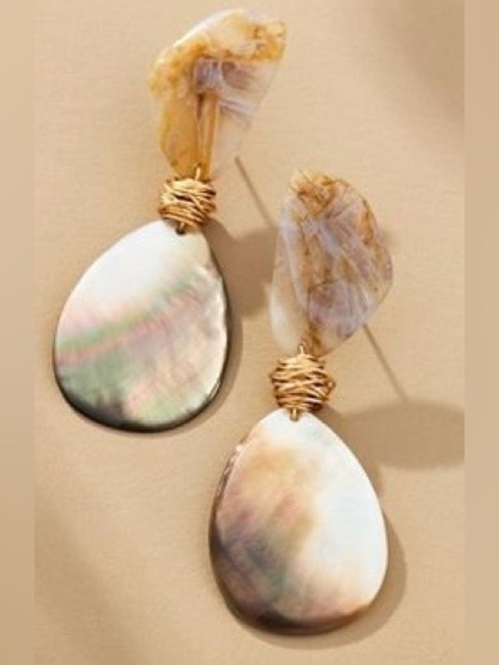 Anthropologie Iridescent Mother-of-Pearl Teardrop Earrings with Gold Wrap